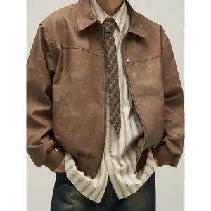 Vintage-Inspired Men'S Casual PU Leather Jacket Loose Fit Suede Outerwear,Solid Color, Long Sleeve, Autumn/Winter Collection  Menswear Coats