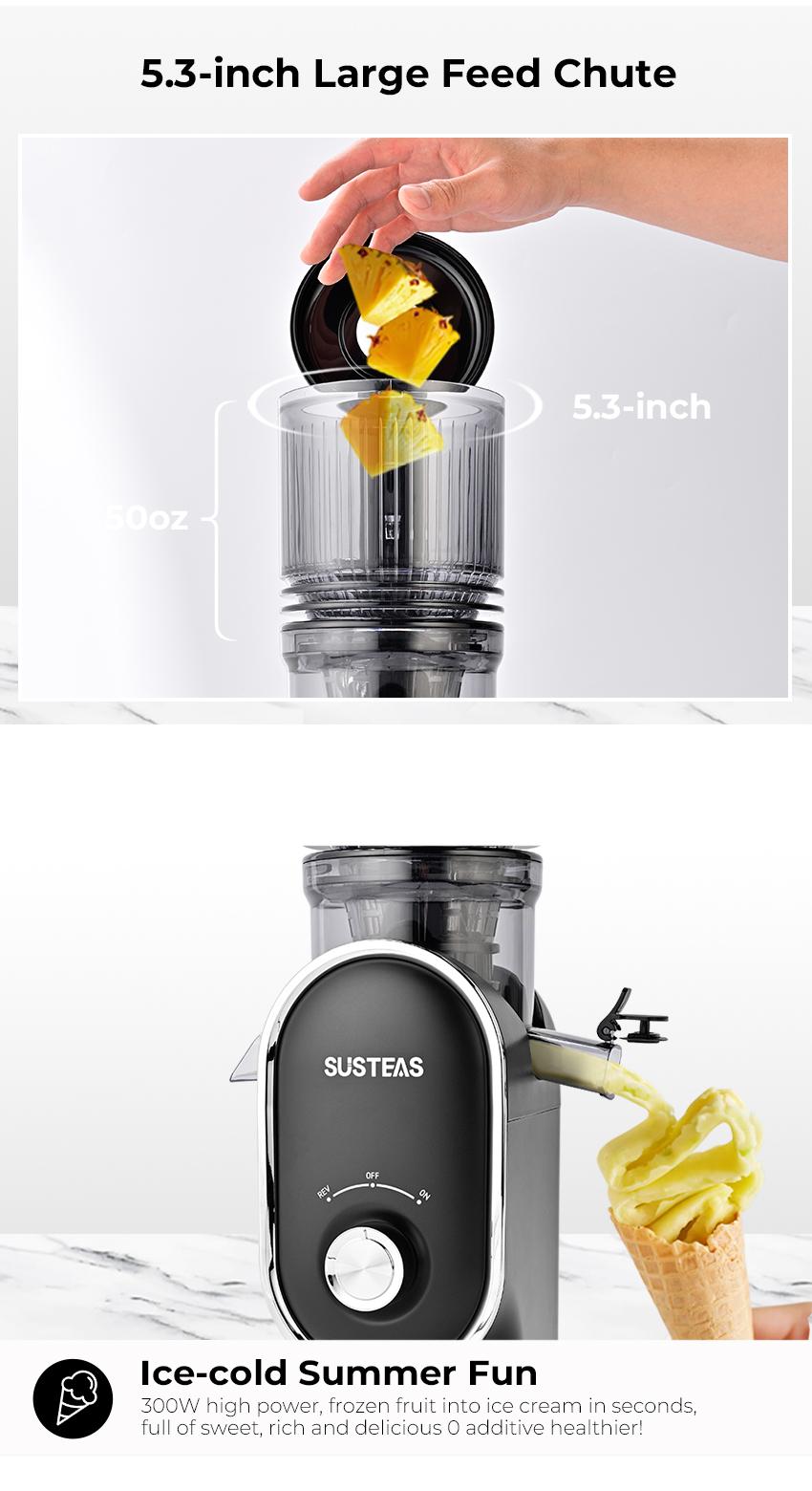 SUSTEAS Juicer Machines, Cold Press Juicer with 5.3'' Large Chute, Slow Masticating, Fits Whole Fruits & Veggies, High Yield, Easy to Clean