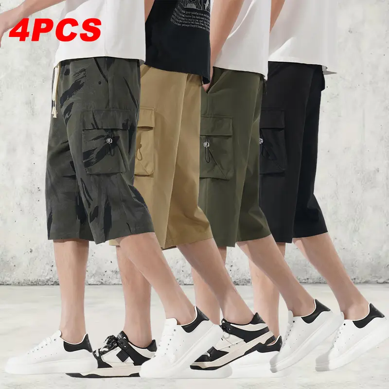 Men's Summer Solid Color Seven-Point Shorts Set of Four, Camouflage Pattern, Drawstring Waistband, Side Multi-Pocket Design, Breathable, Comfortable, Durable, Suitable for Daily Casual Wear in Summer