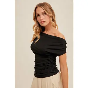 ASYMETRICAL NECK LINE Ruched Knit Top Black - Soft Rayon / Spandex Blend, Asymmetrical Neck, True to Size Fit, Ruching Details Womenswear Comfortable Blouses Elegance Seamless Outfit Shirts Casual Minimalist Basic Shortsleeve