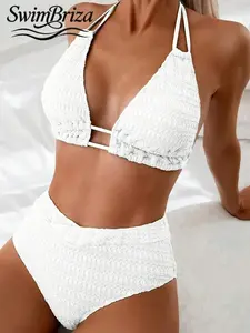 Briza｜Women's Multi-Color Textured Halter Bikini Set (White/Brown/Black) – Cut-Out Triangle Top & High-Waisted Bottom, Adjustable Multi-Strap,  Beach/Pool/Tropical Vacations