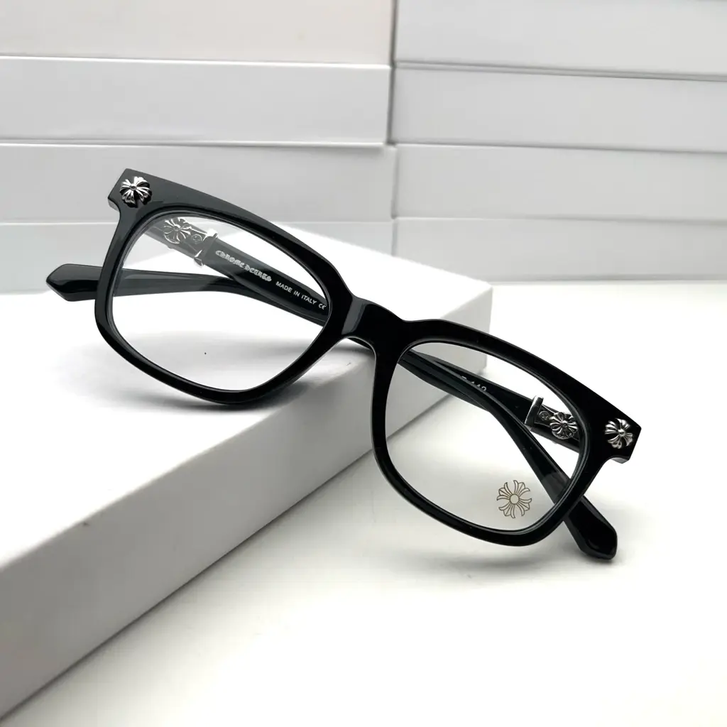 Chrome Hearts Optical Eyeglasses Black Acetate Frame Silver Cross Detail Luxury Unisex Prescription Glasses