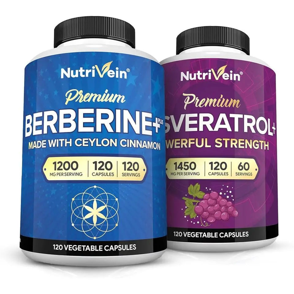 Nutrivein, Berberine & Resveratrol Capsules Bundle, Dietary Supplement Set, Plant-Based Wellness Formula, Daily Nutrition Support, 240 Capsules Total, 2 x 120 Capsules