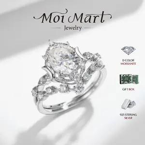 2ct Oval Cut Synthetic Moissanite Wedding Ring Set, Full Moissanite Royal Crown Halo in S925 Sterling Silver – Perfect Anniversary Gift & Gorgeous Cocktail Party Jewellery by MOI MART