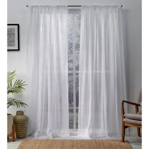 Set of 2 108"x54" Santos Embellished Stripe Textured Linen Sheer Rod Pocket Window Curtain Panel White - Exclusive Home: Sheer White Curtains
