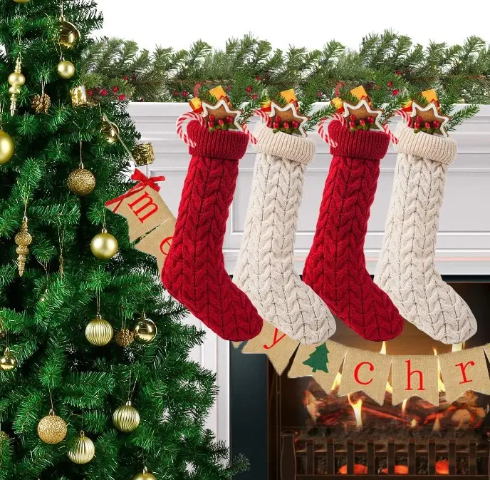 4 Pack 18.5" Knitted Christmas Stocking Classic Large Stockings for Family Holiday Christmas Party Decorations