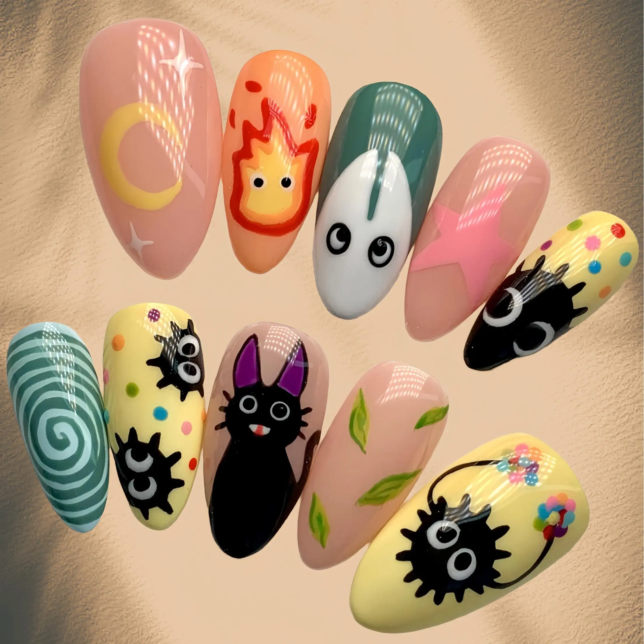 Hand-Painted Studio Ghibli Press-On Nails: Kawaii Cartoon Nail Art