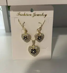 Heart with Black Flower Earrings & Necklace Set - Elegant Heart Design with Black Flowers for Special Occasions & Gifts