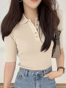 Women's High Stretch Shirt, Solid Color Short Sleeve Button Neck Top, Casual Regular Fit, All Season Essential, Daily Fashion