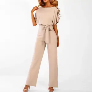 2025 plus size women's spring and summer solid color jumpsuit temperament elegant lace-up button short sleeved round neck jumpsuit