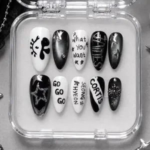 Cortis Kpop Press On Nails, Black White Korean Idol Nails, Star Chrome Goth Nail Set, Handmade Almond Acrylic Nails