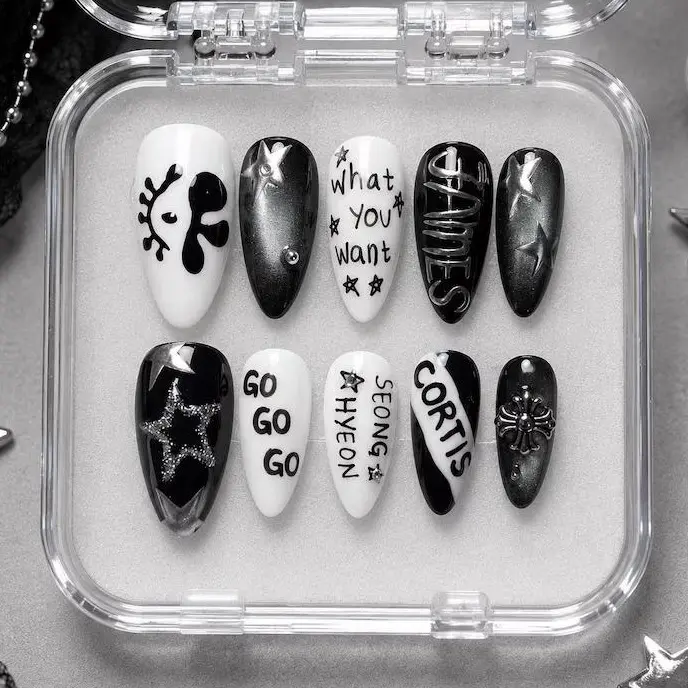 Cortis Kpop Press On Nails, Black White Korean Idol Nails, Star Chrome Goth Nail Set, Handmade Almond Acrylic Nails