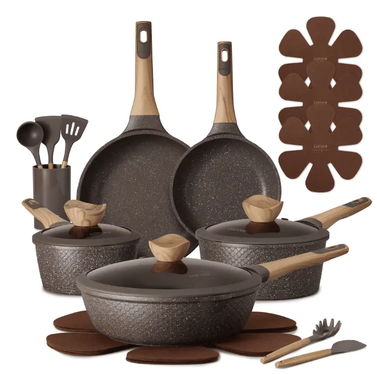 CAROTE 18-Piece Nonstick Pots and Pans, Granite Cookware Set with Kitchen Utensils, Brown