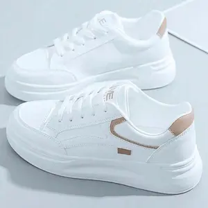 Plus Size Women White Casual Sneakers, Versatile Student Sports Shoes, Flat Fashion Lace-Up Trainers