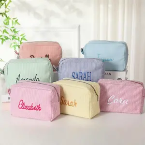 Custom Seersucker Makeup Bag, Personalized Chenille Name Toiletry Bag, Bridesmaid Gift Bachelorette, Vacation Travel Pouch Pool Party Gift for Her — Pink Blue Yellow Mint