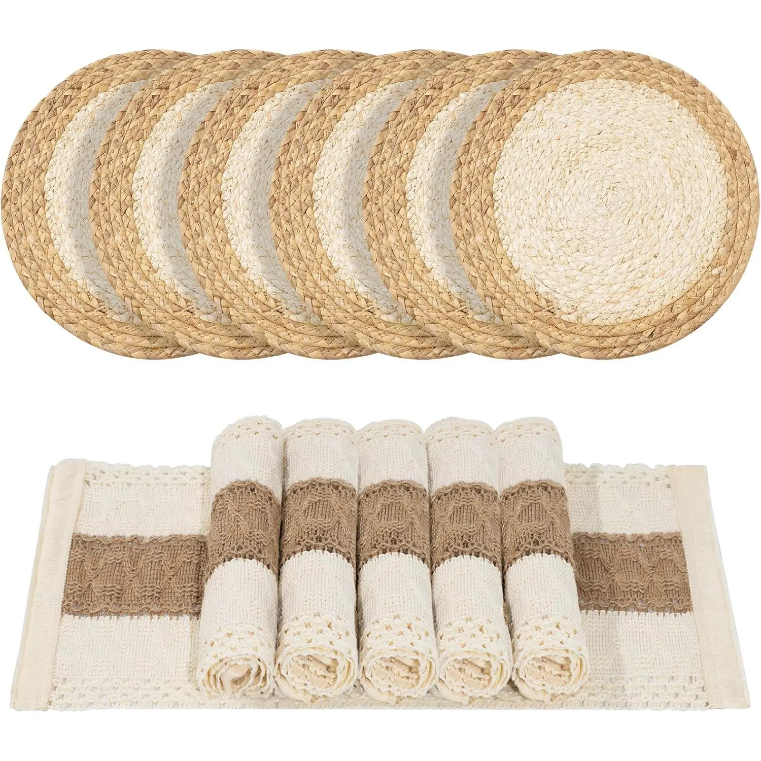 Handmade 2-Stripes Reusable Boho Placemats Set of 6 (12 Pcs Total), Eco-Friendly Water Hyacinth & Woven Cotton Fabric, BPA-Free Rustic Farmhouse Dining Table Decor for Everyday Meals, Easy-Care Tableware