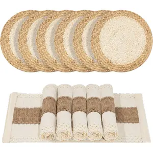 Handmade Boho Placemats Set of 6, Natural Woven & Cotton Fabric Combo Tableware, 12-Piece Versatile Rectangular/Round Mats, Rustic Farmhouse Dining Table & Room Decor