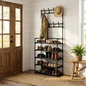 3-in-1 Black Metal Hall Tree Entryway Organizer 5-Tier Shoe Rack with 8 Hooks Storage for Entryway Organization