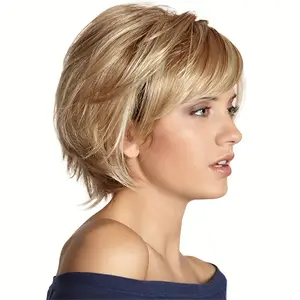IVROSEHAIR Layered Short Blonde Pixie Wig Dark Brown Ombre Pixie Cut Wig With Bangs Synthetic Natural Looking Daily Party Wig For Women