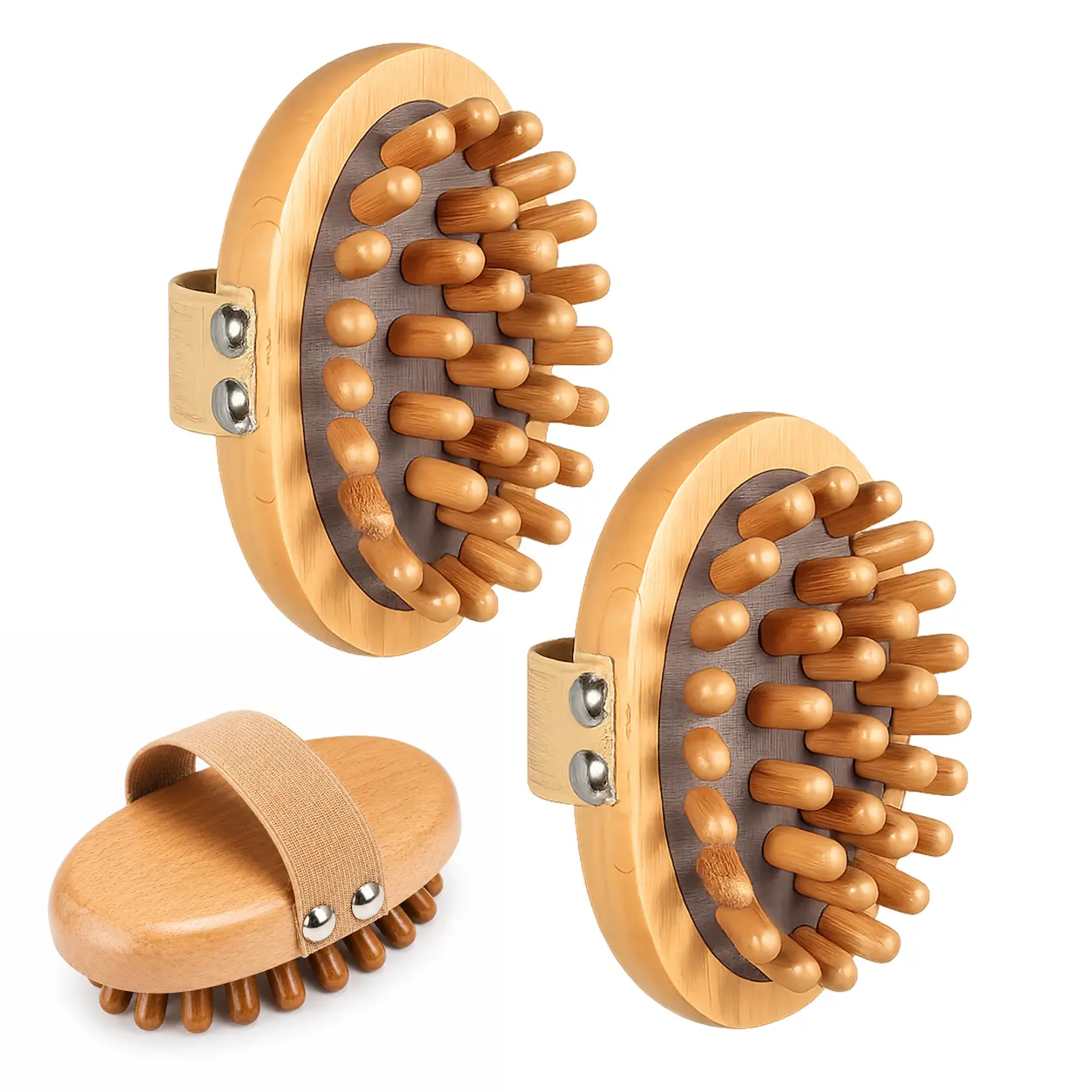 Wooden Gua Sha Body Brush & Scalp Massager, Handheld Deep Tissue Massage Tool for Belly, Legs, Neck & Back, Portable Anti-Static Lymphatic Massage Brush with Elastic Hand Strap