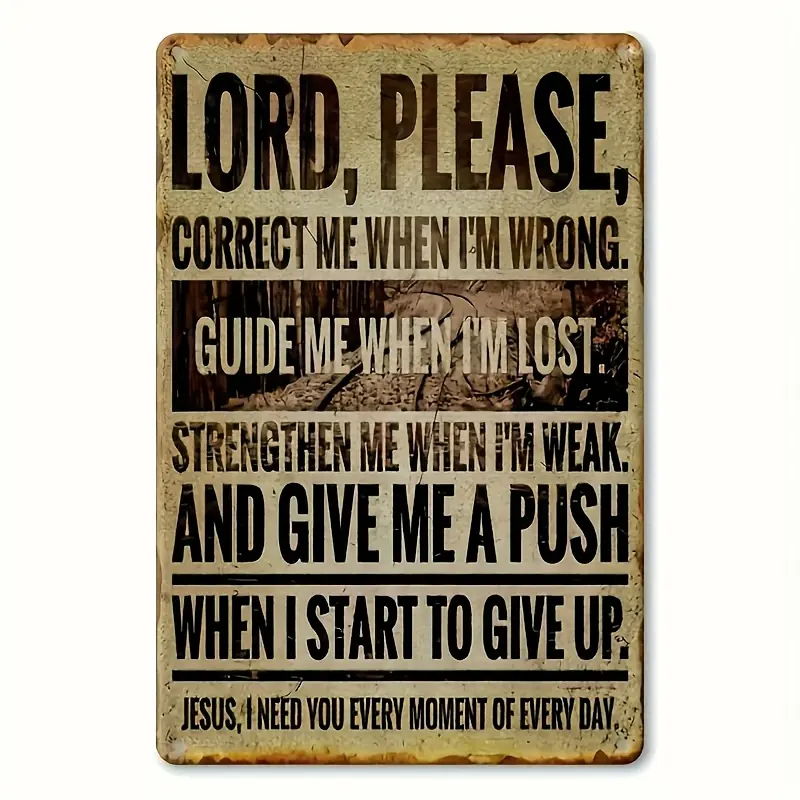 Vintage Metal Tin Religious Wall Decor Sign "Lord Please", Inspirational Christian Prayer Plaque with "Guide Me When I'm Lost" Verse, Rustic Farmhouse Style for Home