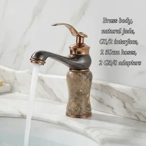 Jade Marble Copper Color Faucet, Single Handle Cold Hot Control, Bathroom Sink Tap, G1/2 Threaded Interface, 2x50cm Inlet Pipes