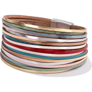 Boho Leather Wrap Bracelet Stackable Layered Bangle Cuff with  Clasp