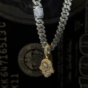 Brass Mico Pave Cz Fatima Hamsa Hand Pendant Ice Out 14mm 22 inch Miami Cuban Luxury Good Luck Necklace for Women Inlaid Zircon Jewelry Design