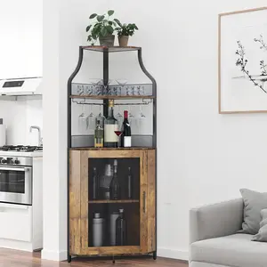 Corner Wine Cabinet  & Detachable Rack, 5-Tier Industrial Bar with Barn Door, Glass Holder, Farmhouse Buffet Cabinet for Home Bar-Brown Bar Storage