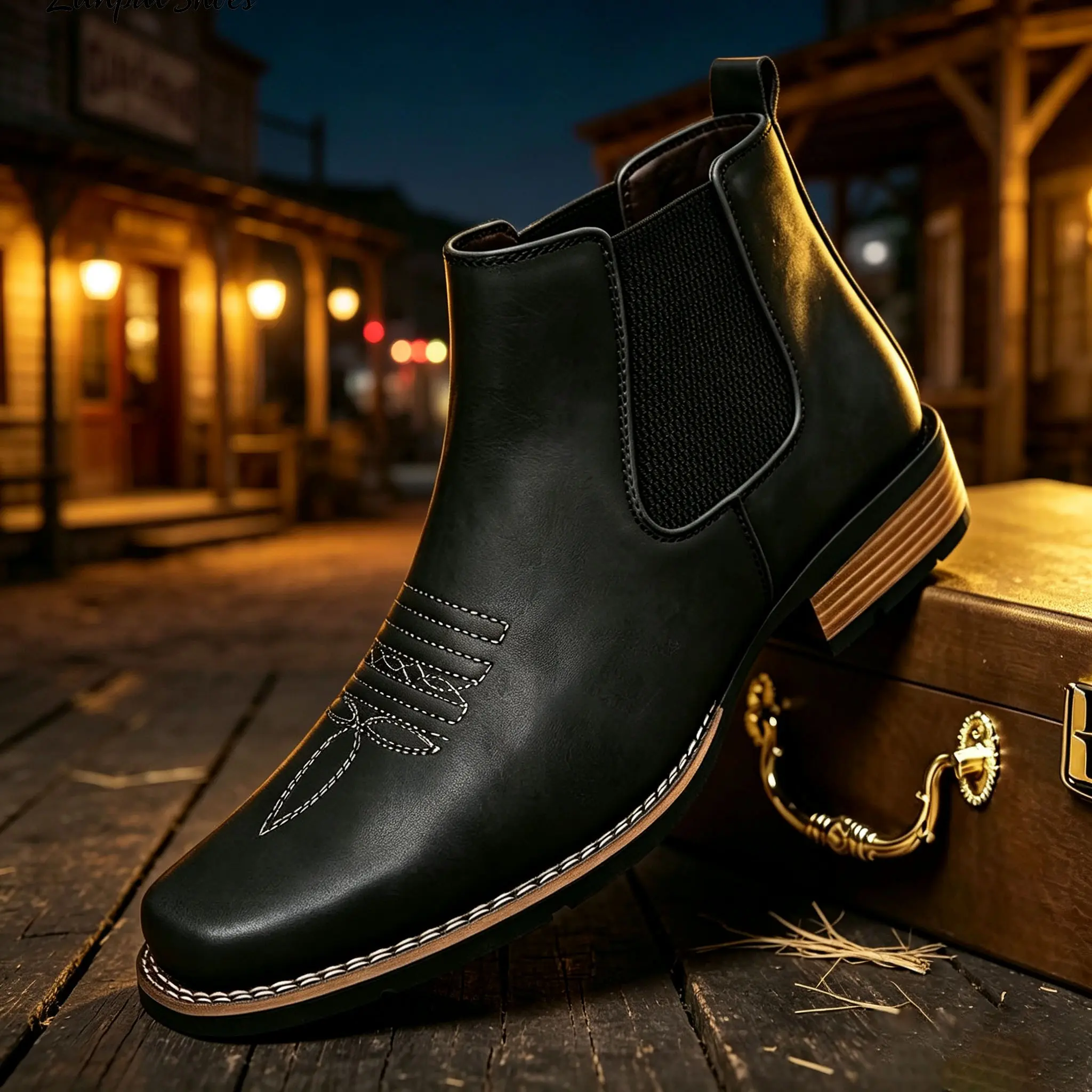 Men's Western Cowboy Boots Square-Toe Chelsea Ankle Boots Work Boots Casual Vintage Fashionable Classic Comfortable Versatile Available in Khaki and Black Outdoor Casual Closed-Toe Style; everyday commuting
