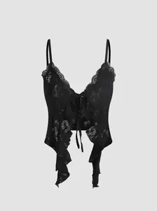 Lace Ruffle Hem Knotted Knit Crop Top