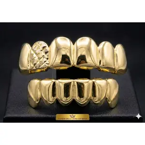 14K Gold Plated Upper & Lower Grillz Set Diamond Cut Series 07