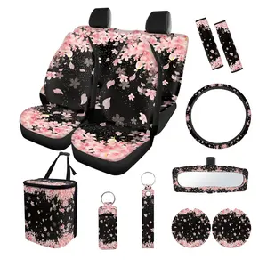 Cherry Blossom Women's Car Accessories, 12pcs Car Seat Cover Set with Steering Wheel Cover + Keychain + Coasters + Garbage Bag + Keychain, Universal Stretch Auto Decor Protector