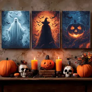 3 Counts Wooden Framed Canvas, Scary Witch Poster, Halloween Poster, Halloween Decorations, Living Room And Bedroom Hanging Paintings, Party Horror Poster, Interesting Art, Exquisite Gifts, Home High-Definition Art