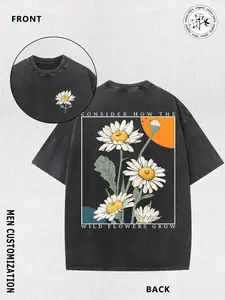 Men's Heavyweight 230gsm Vintage Washed Cotton T-Shirt - Dual-Sided Floral Print with Inspirational Quote - Dark Background - Regular Fit Crew Neck Te