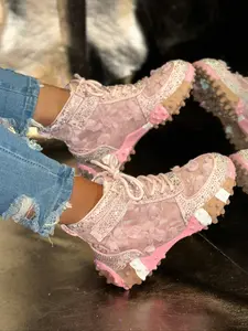 Women's High-Top Sneakers with Embroidered Floral Design, Breathable Lace-Up Casual Shoes for Daily Wear & Stylish