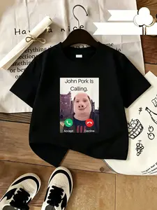 Funny John Pork Calling Meme Print Boys' Black Tee, Trendy Summer Student T-Shirt, Must-Have for Goofy Cool Kids!#Boys Summer Tees #Meme Print Kids Clothing #Funny Print Tee #Versatile Student Tees