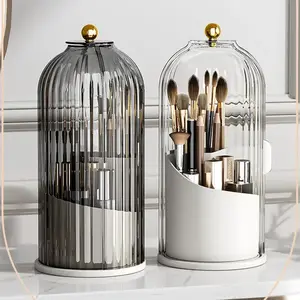 【summervibes】360-Degree Rotating Dustproof Cage Makeup Brush Organizer, Classic Transparent Premium Plastic Compartmental Cosmetic Organizer Storage, Round Vanity Desktop Pen Holder with Key-Locked Large Book Safe