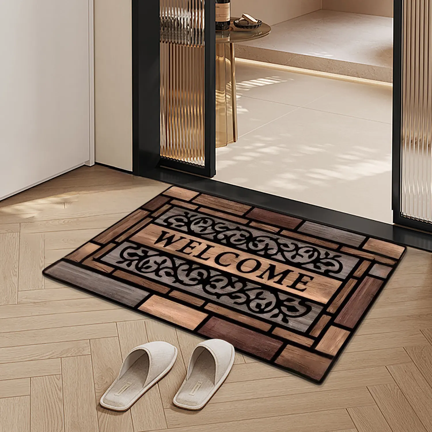 Rustic Welcome Non-Slip Polyester Floor Mat - Geometric Area Rug, Brown Stylish Durable Slip-Resistant Bath Mat for Doorways, Baths (Home & Bathroom Supplies), Non Slip Doormat