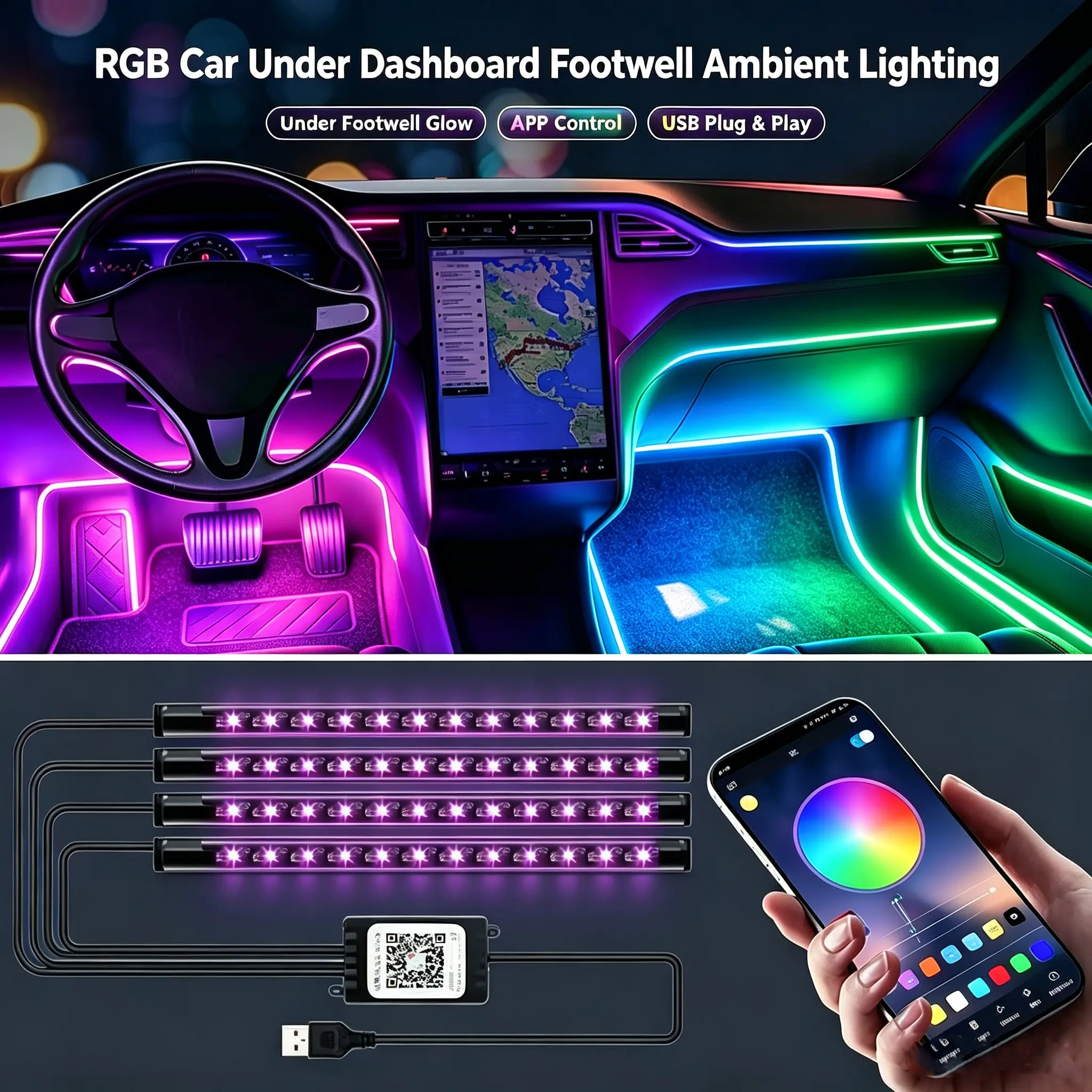 RGB Car Under Dashboard Footwell Ambient Lighting,RGB Car Interior Strobe Safety Lights with Remote,Birthday Gifts for Men Him, APP Control with USB Port Music Sync Color Change Lights for Jeep Truck Decor,