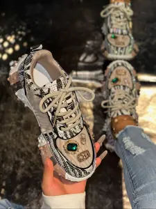 Plus Size Women's Rhinestone Dad Shoes, Colorblock Thick Sole Sneakers, Glitter Design Sneakers, Trendy Sporty Casual Footwear for Daily Wear