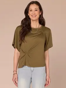 Short Sleeve Scoop Neck Asymmetrical Twist Knit Top