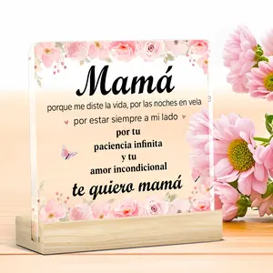 Mother's Day Classic Crystal Plaque with Wooden Base – Spanish Sentiment & Floral Design, Tabletop Decor, Gift for Birthday, Anniversary & Mother's Day, Decorative Plaque