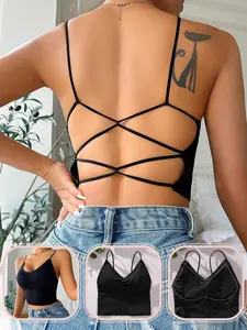 LUSHLACE Knitted Crop Top Criss Cross Vest - Black Undershirt Bralette