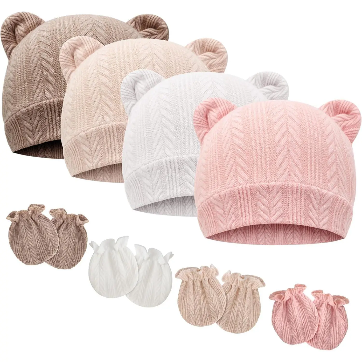 Soft Newborn Beanie Hat and Mitten Set, 4-Pack Solid Color with Bear Ears, Scratch-Free Hospital Wear for Baby Boys & Girls, All Seasons 0-3 Months, Cute Beanie Hat