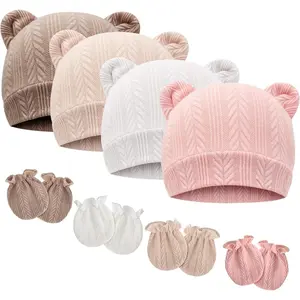 KF5-KC07  Newborn Baby Hats Bear Ears and Mittens Sets Preemie Caps Baby Boy Girl Infant Hospital Beanie for 0-3 Months