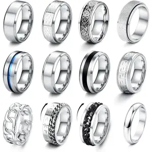 Cassieca 12-Pack Fidget Rings, Stainless Steel, Spinner Rings, Anxiety Relief, Couples Matching Sets, Sizes 7–13, For Women & Men, Everyday Wear