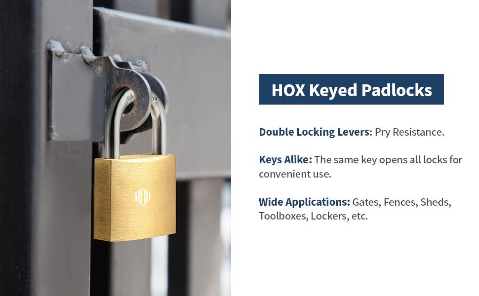 HOX Keyed Padlock, Waterproof and Rustproof, Solid Brass Lock with 1-1/4" Wide Body, Padlock with Keys for Storage Unit, Sheds, Garages and Fence
