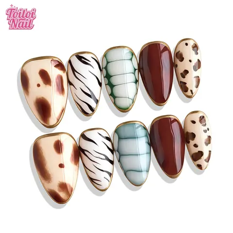10pcs Handmade Press On Nails Acrylic Fake Nails - short Almond Animal Print (Leopard/Zebra) & Solid Color Nails, Decorative Nails, Handcrafted Gold Edge Decor Style, for Daily Wear & Party with Jelly Glue & Nail File Nail Art Diy, Nail Set