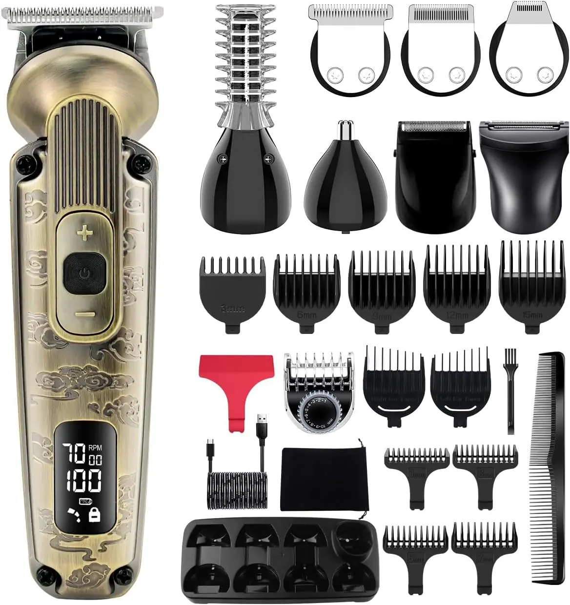 8-in-1 Hatteker Cordless Hair Clippers for Men, Professional Waterproof Trimmer with Adjustable Speed, T-Blade & Grooming Kit for Face, Nose, Body – Multicolor